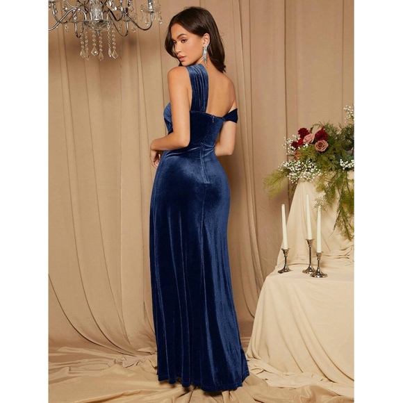 Navy Blue Velvet Asymmetric Shoulder Maxi Dress High Leg Slit - Picture 2 of 7
